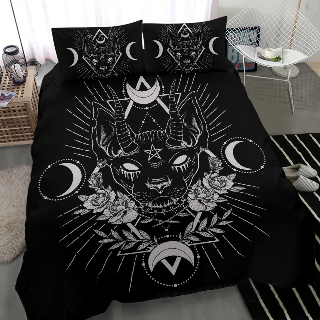 Gothic Occult Black Cat Unique Sphinx Style 3 Piece Duvet Set Awesome Demonic White Eye Black Cat Version
