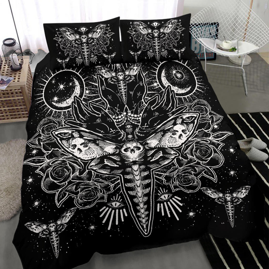 Skull Moth Secret Society Occult Style 3 Piece Duvet Set Black And White Version
