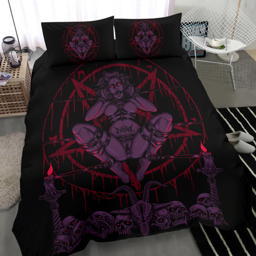 Skull Demon Satanic Baphomet Goat Satanic Pentagram Chained To Sin And Lovin It 3 Piece Duvet Set Awesome Glowing Purple