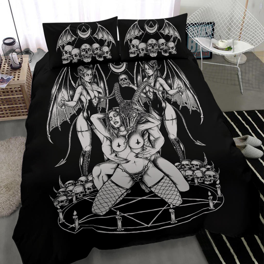 Skull Baphomet Erotic Revel In Freedom And Realize It Throne 3 Piece Duvet Set  Black And White