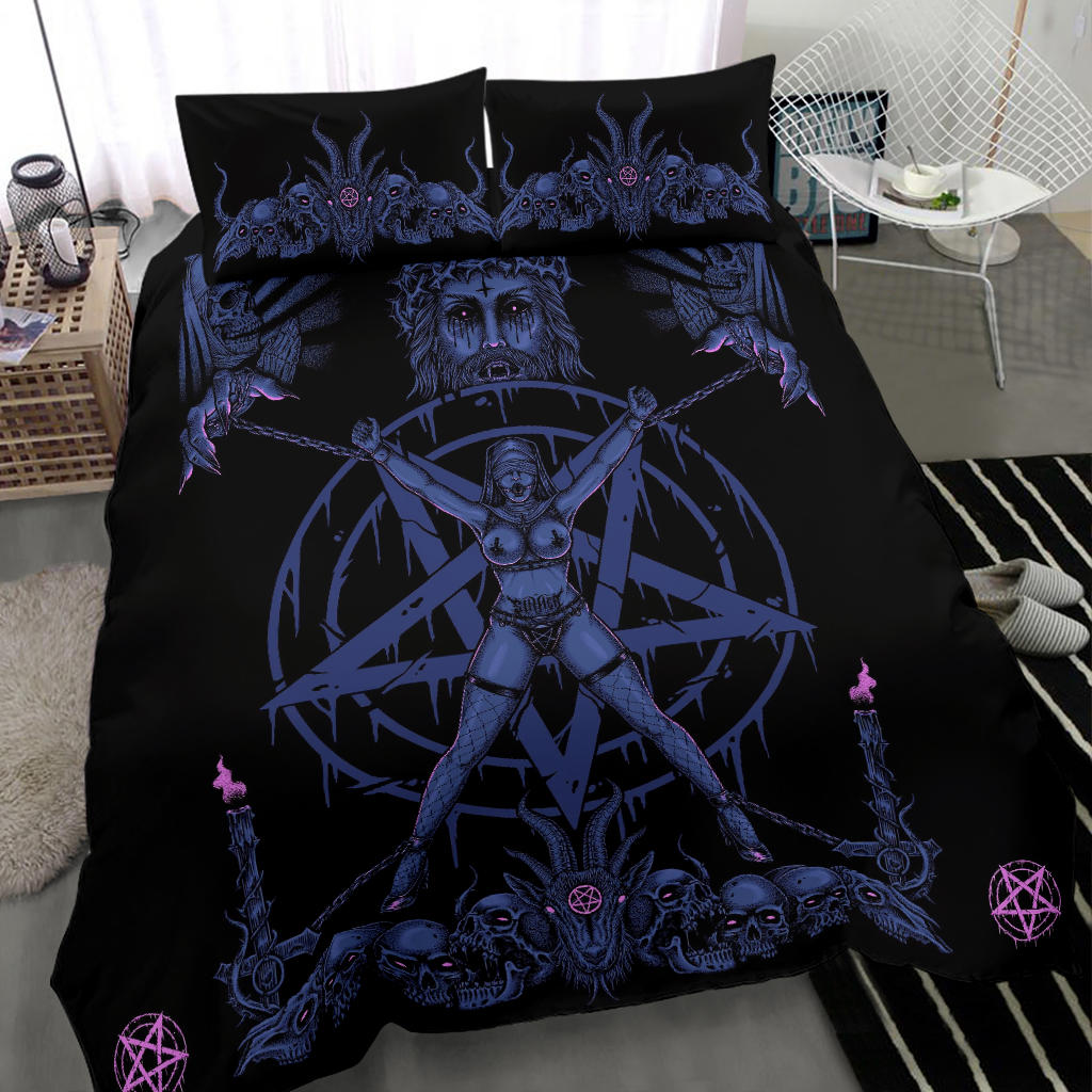 Skull Satanic Pentagram Demon Chained To Sin And Lovin It Part 2 -3 Piece Duvet Set Erotic Blue Pink