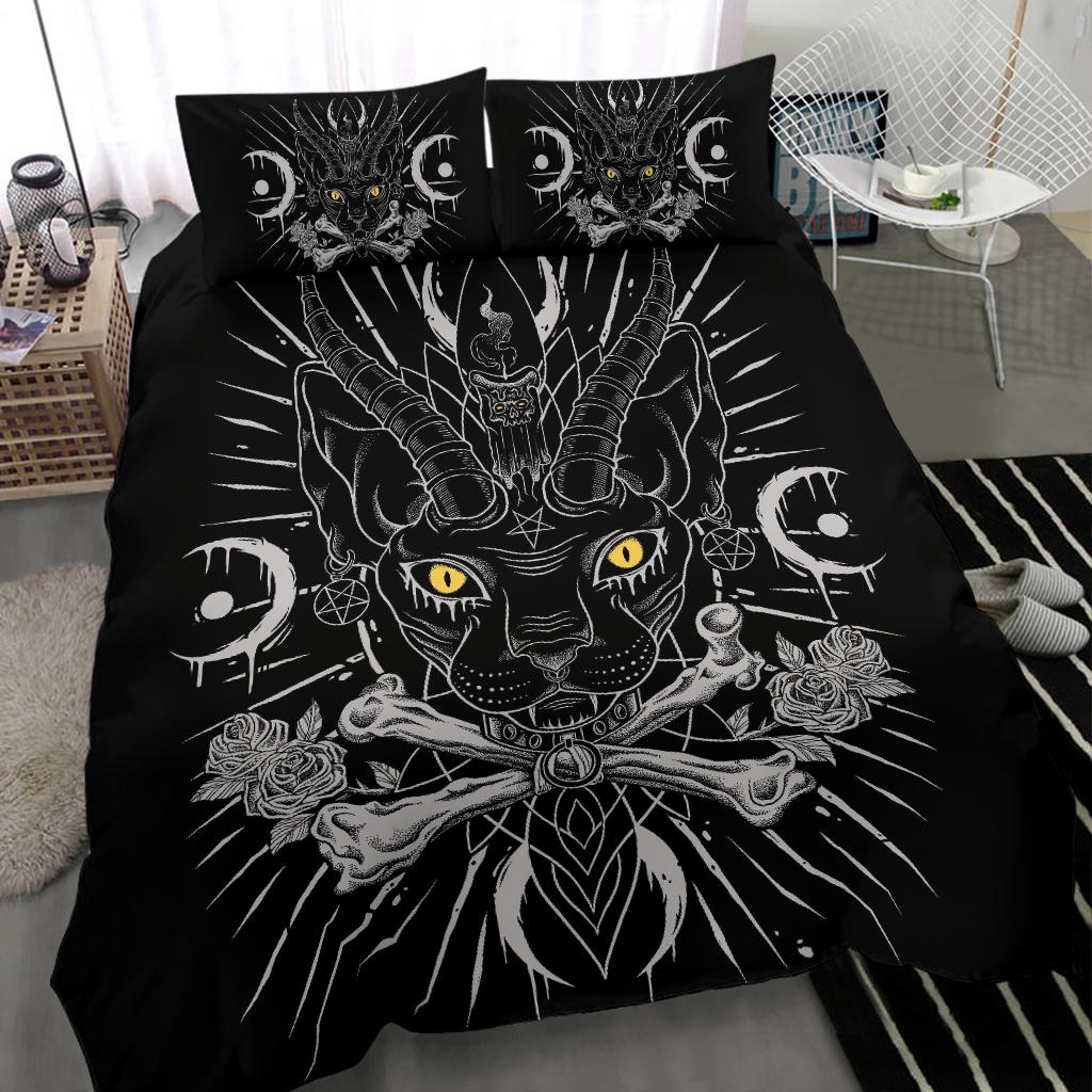 Skull Gothic Occult Black Cat Unique Sphinx Style Part 2-3 Piece Duvet Set Black Color Pentagram Version