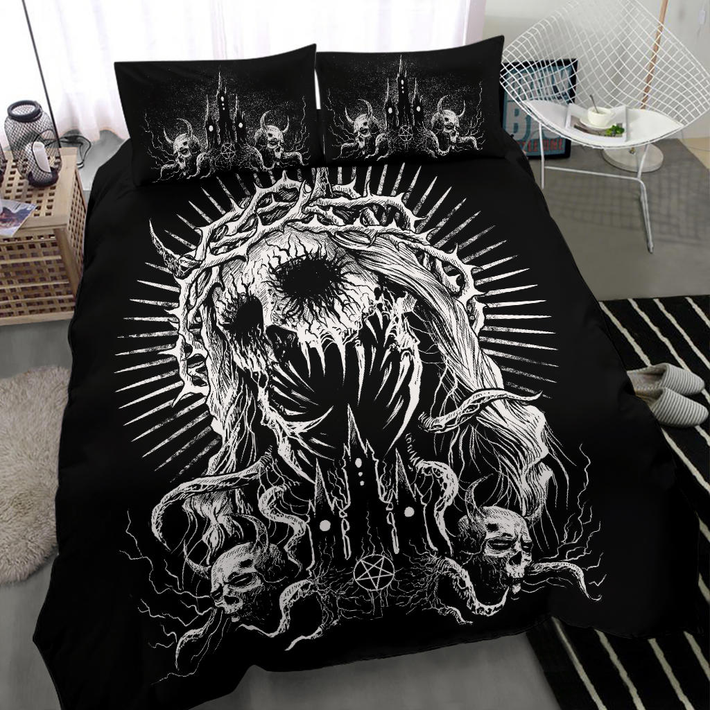 Skull Demon Zombie Savior Satanic Church 3 Piece Duvet Set Black And White