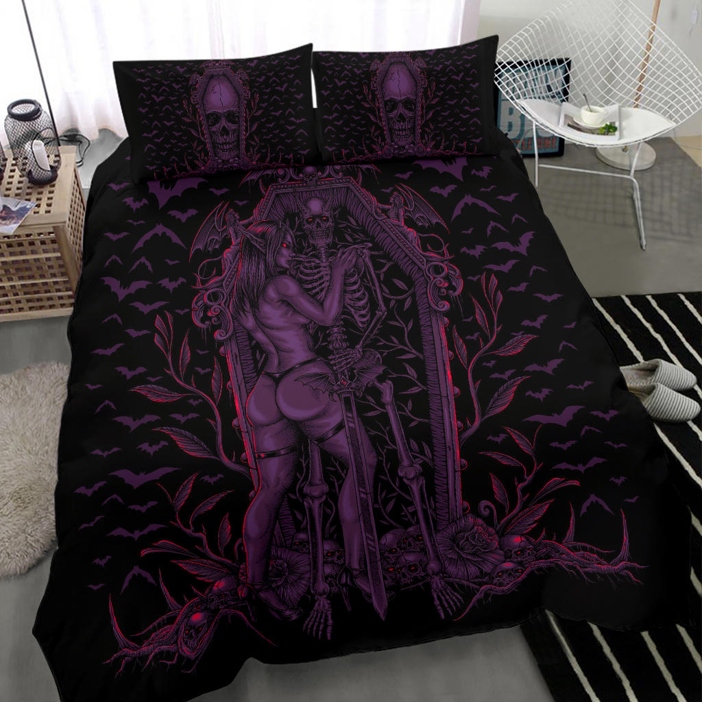 Bat Skull Bat Wing Erotic Demonic Skeleton Coffin Shrine 3 Piece Duvet Set Awesome Glowing Purple