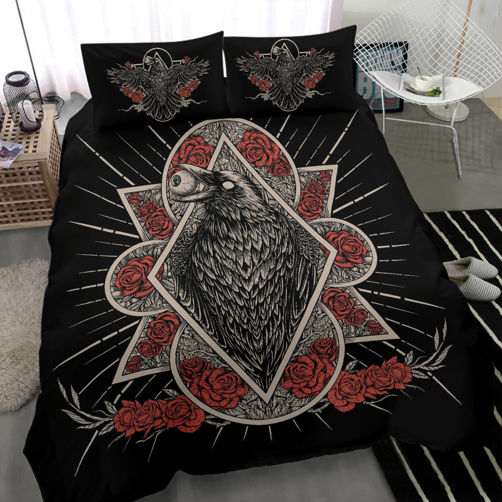 New! Goth Occult Crow Eye Part 2 - 3 Piece Duvet Set Color Version With Full Wing Crow Pillows