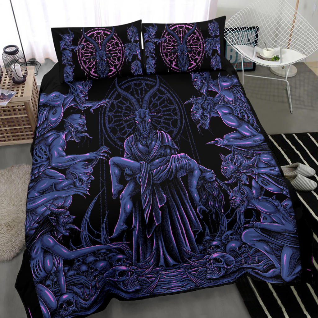 Skull Baphomet Goat Demon Frenzy 3 Piece Duvet Set Night Blue Pink