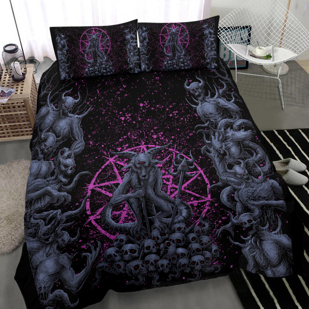 New! Original Skull Satanic Malevolent Cyclops Baphomet Goat Demon Invasion 3 Piece Duvet Set Awesome Blue Pink