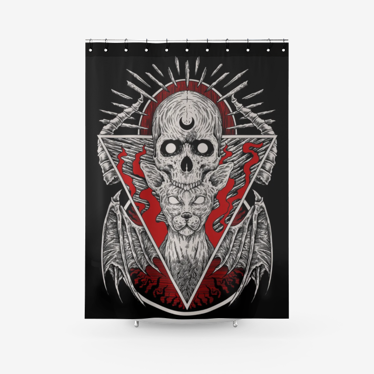 Skull Gothic Occult Cat Textured Fabric Shower Curtain New Red