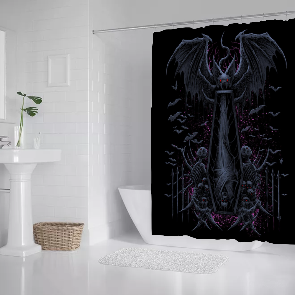 Skull Batwing Skeleton Coffin Shroud Waterproof Shower Curtain 71" x 69" Awesome Night Blue Pink