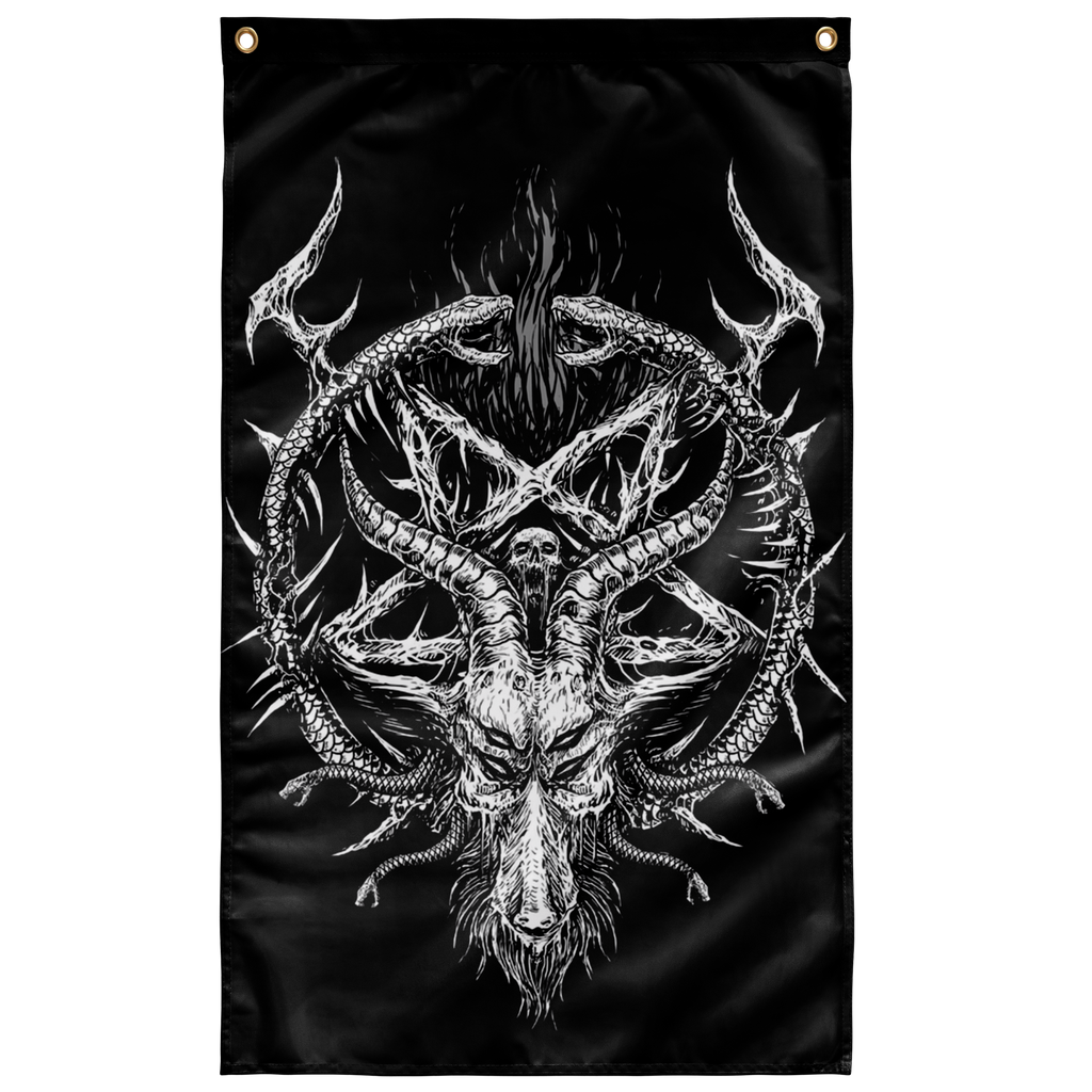 Skull Satanic Goat Satanic Pentagram Serpent Demon Wall Flag