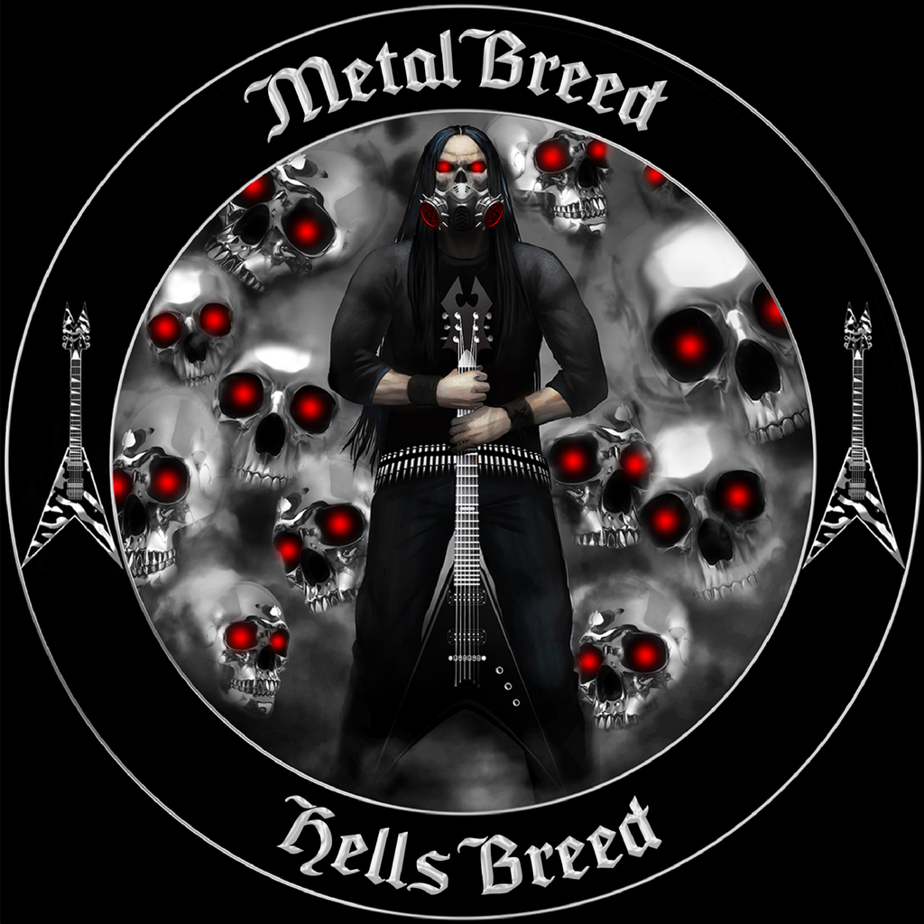 Hells Breed Black Guitar Red Eye Chrome Skulls Light Clouds Black Leather Black Link Black Metal Mesh