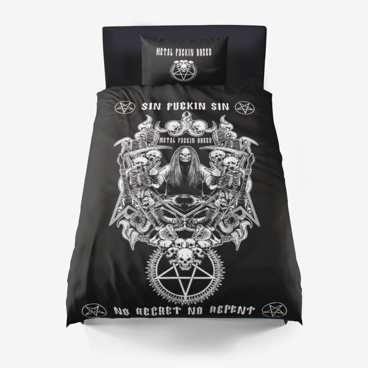 Skull Guitar Pentagram Metalbreed 3 Piece Microfiber Duvet Set Black And White Version