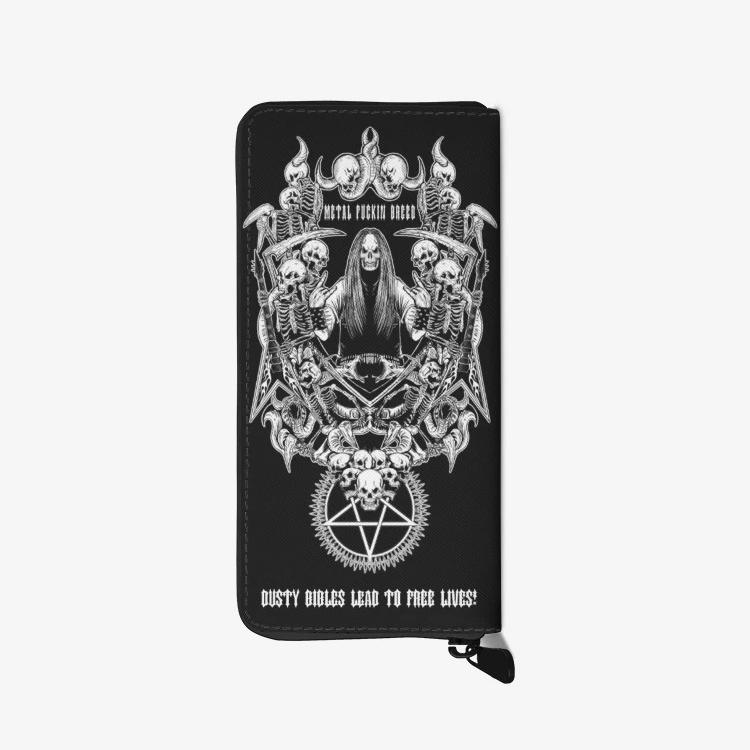 Unisex High Quality Leather Wallet  Dusty Bibles Lead To Free Lives Skull Pentagram Guitar Black And White