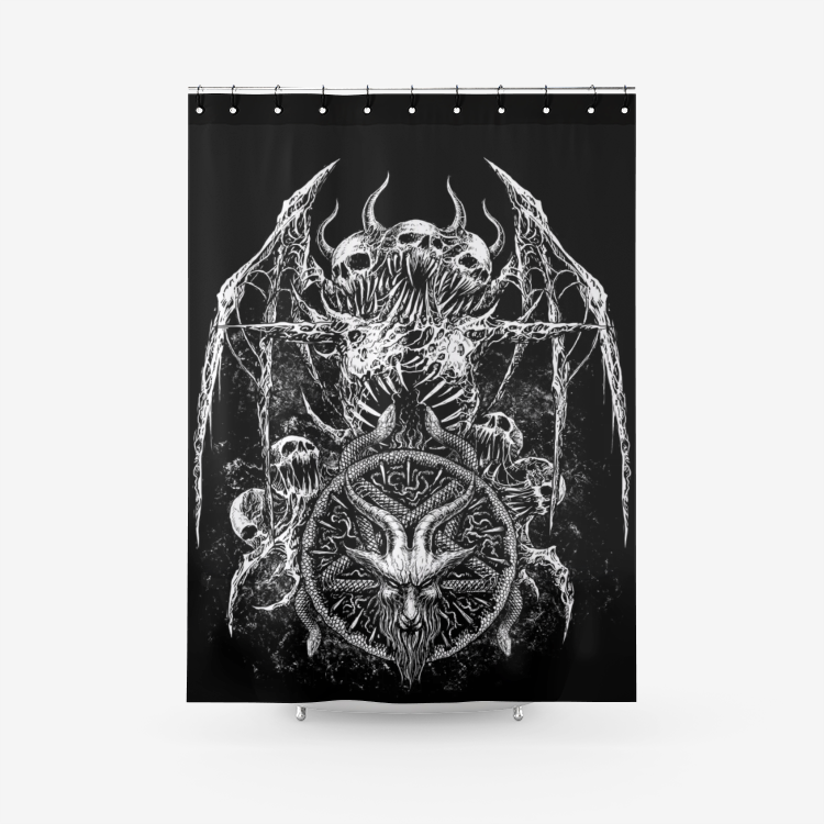 Skull Satanic Bat Wing Demon Goat Satanic Pentagram Serpent Textured Fabric Shower Curtain