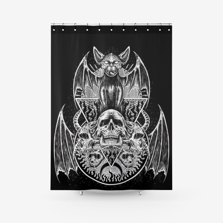 skull Gothic Occult Black Bat Wing Cat Textured Fabric Shower Curtain