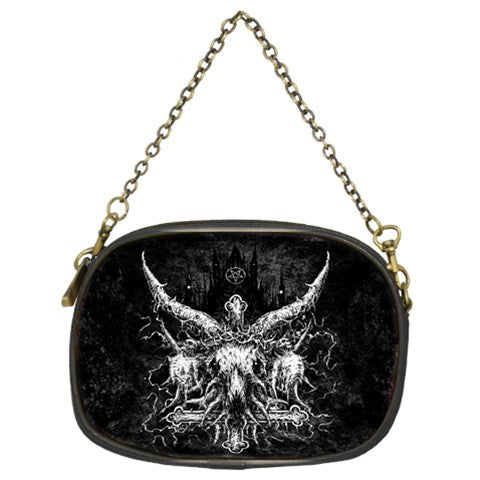 Skull Satanic Crowned Goat Satanic Cross Satanic Pentagram Night Church 100% genuine leather Chain Purse (Two Side Print)