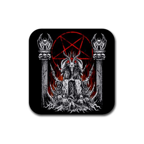 Skull Satanic Goat Satanic Pentagram Flame Rubber Square Coasters (4 pack)