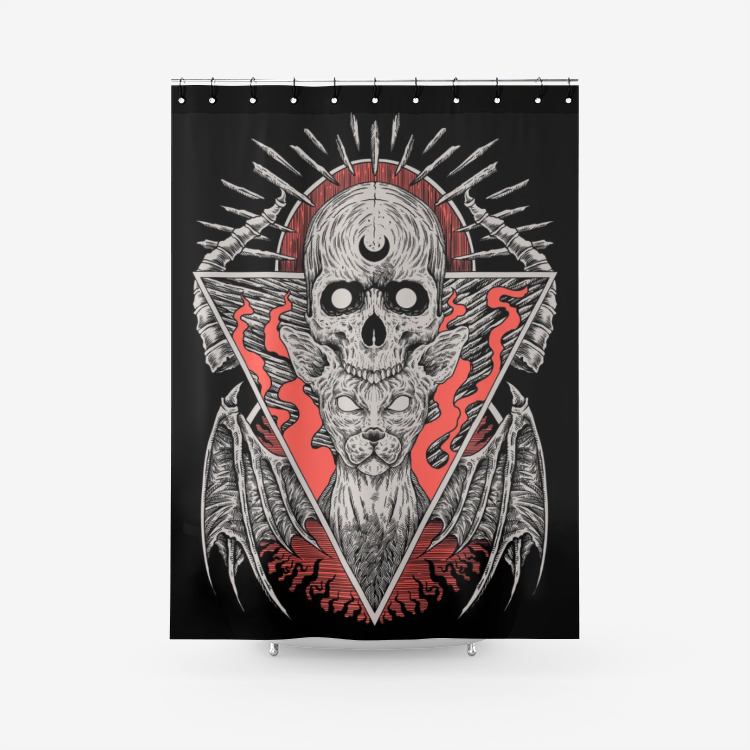 Skull Gothic Occult Cat Textured Fabric Shower Curtain Color Version