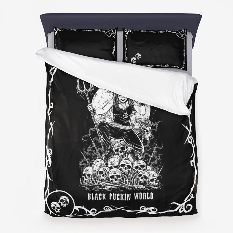 Black Metal Music 3 Piece Skull Inverted Pentagram Duvet Set With Room On Top Of Duvet For Pillows