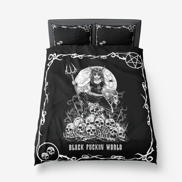 Black Metal Music 3 Piece Skull Inverted Pentagram Duvet Set With Room On Top Of Duvet For Pillows