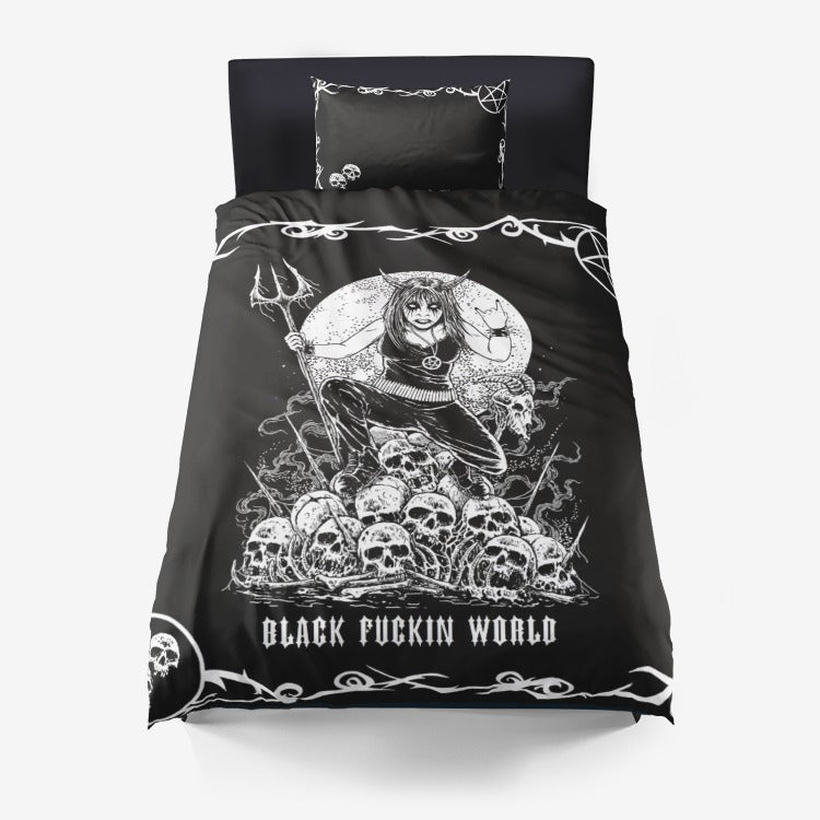 Black Metal Music 3 Piece Skull Inverted Pentagram Duvet Set With Room On Top Of Duvet For Pillows