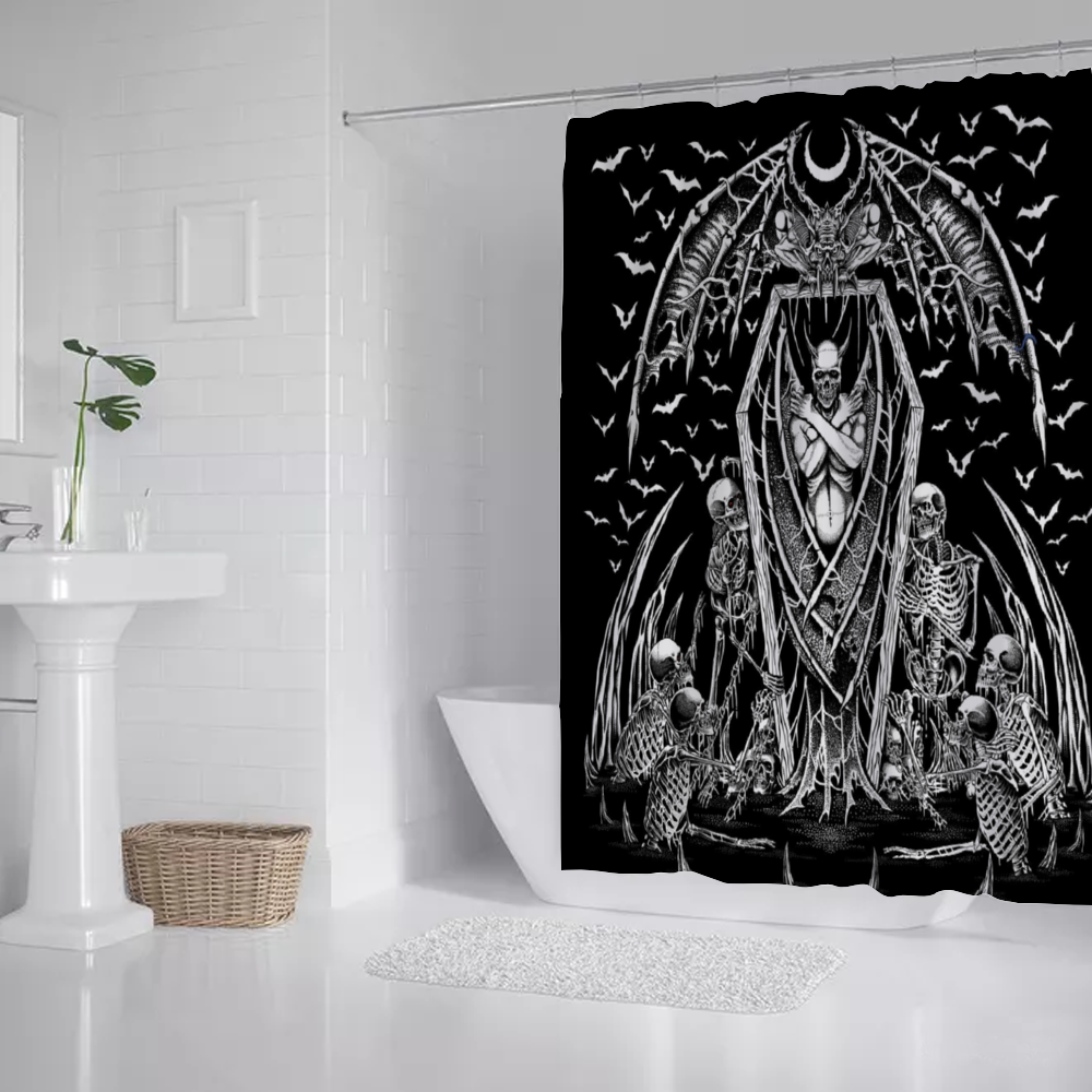 Skull Skeleton Chain Wicked Bat Shroud Waterproof Shower Curtain 71" x 69" Black And White