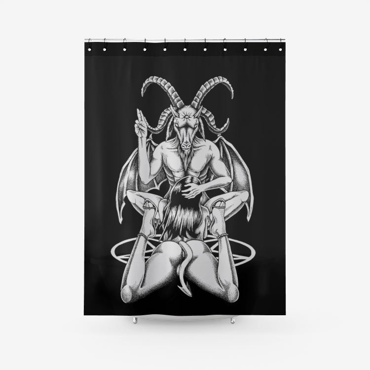 Baphomet Lust God Satanic Pentagram Textured Fabric Shower Curtain Black And White