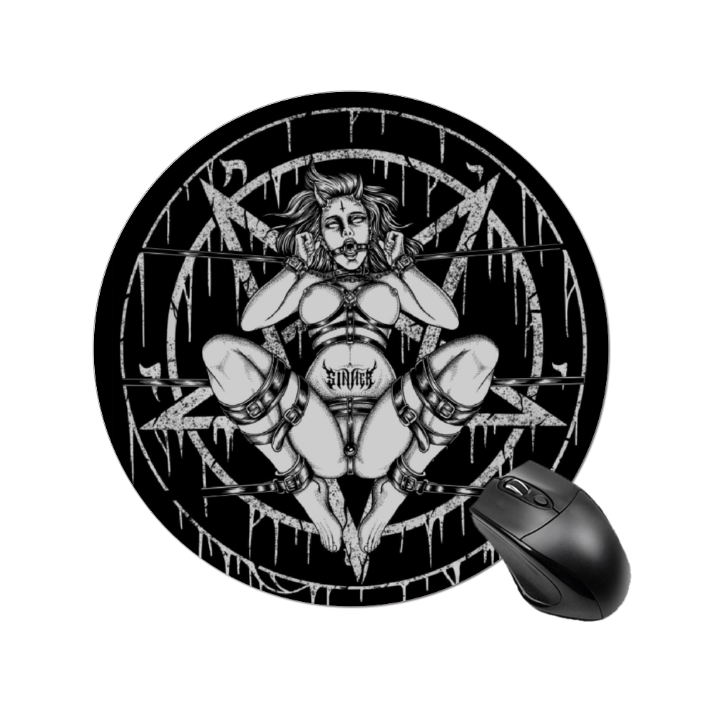 Skull Demon Satanic Baphomet Goat Satanic Pentagram Chained To Sin And Lovin It Round Non-slip Waterproof Mouse Pad