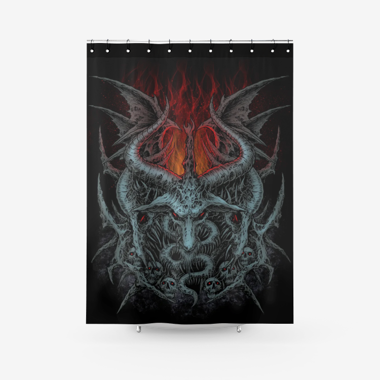 Skull Gothic Satanic Goat Wing Textured Fabric Shower Curtain Flame Color Version