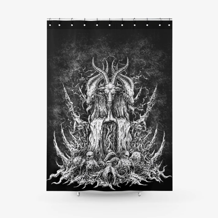 Skull Satanic Goat Textured Fabric Shower Curtain Original Black And White