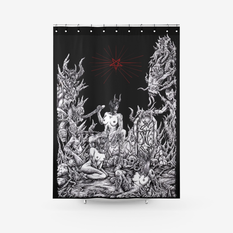 Skull Demon Unholy Lust Textured Fabric Shower Curtain Pentagram Version