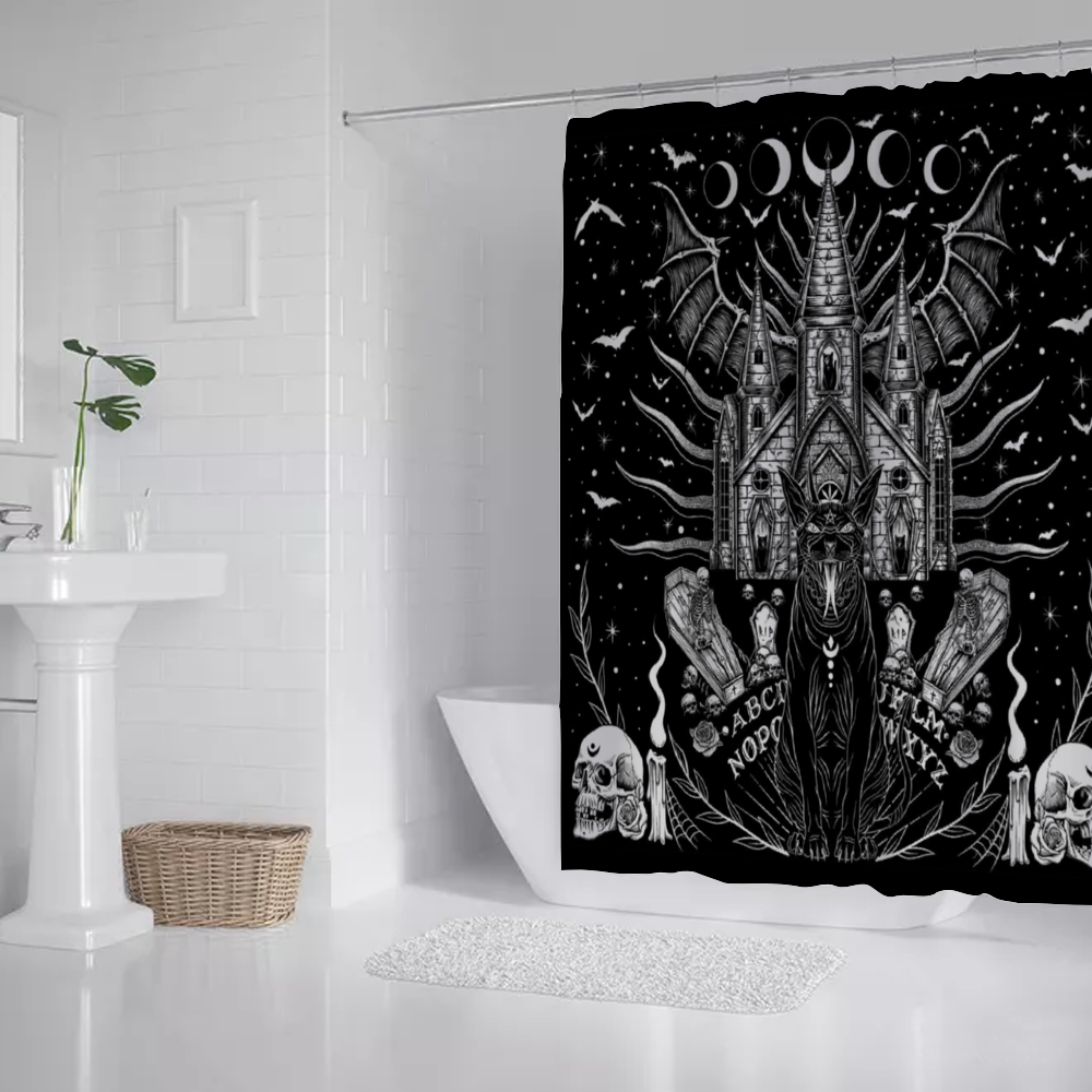 Skull Skeleton Diabolic Cat Coffin Bat Night House Ouija board Style Coffin Shower Curtain 71" x 69"