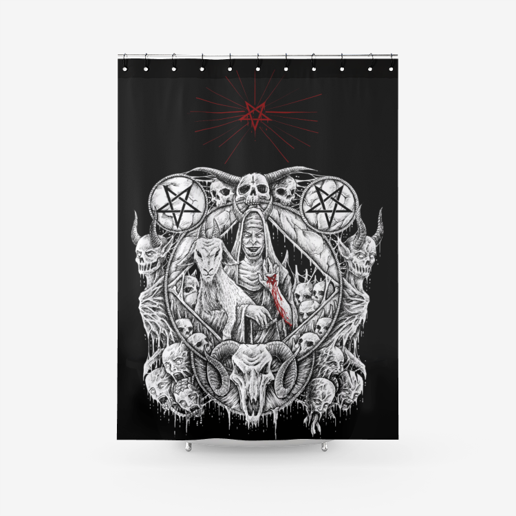 Skull Satanic Pentagram Demon Virgin Nun Goat Textured Fabric Shower Curtain