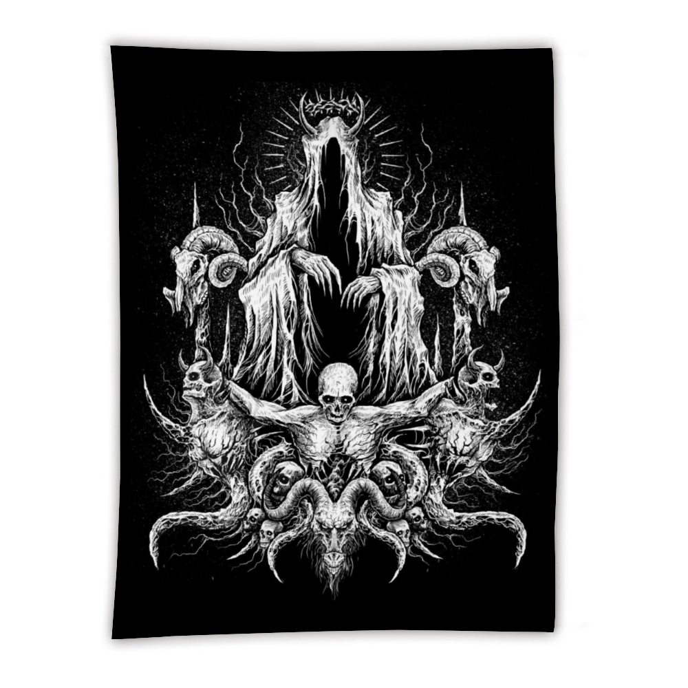 Skull Satanic Goat Demon Impaled and Crucified Tapestry Black And White 59" × 79''