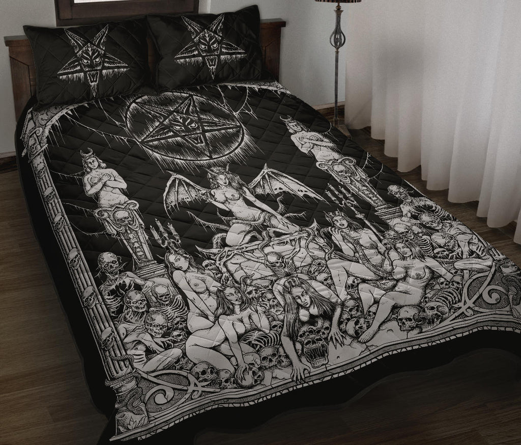Satanic Pentagram Skull Sexy Winged Demon Welcome To Hell's Pearly Pleasure Gates 3 Piece Quilt Set