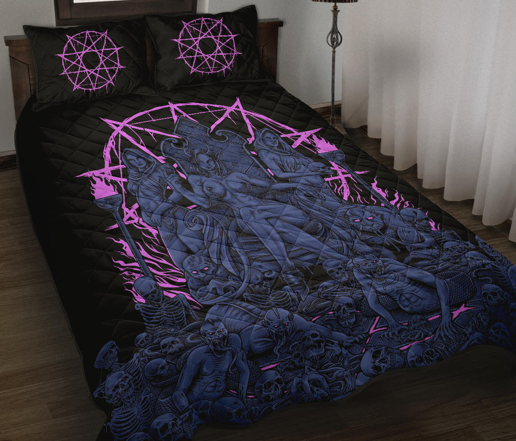 Skull Demon Serpent Flesh Gluttony Throne Quilt 3 Piece Set Awesome Blue pink
