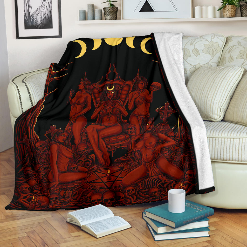Skull Demon Satanic Pentagram Sexy Witch Throne Blanket Red