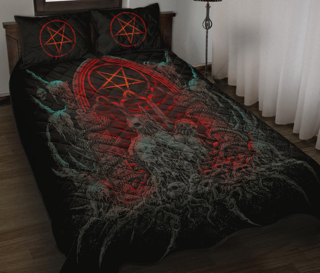 Skull Skeleton Satanic Shrine Quilt 3 Piece Bed Set Flame Color