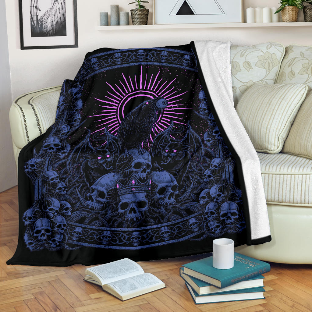 Skull Crown Demon Cat Crow Throne Blanket Night Blue Pink