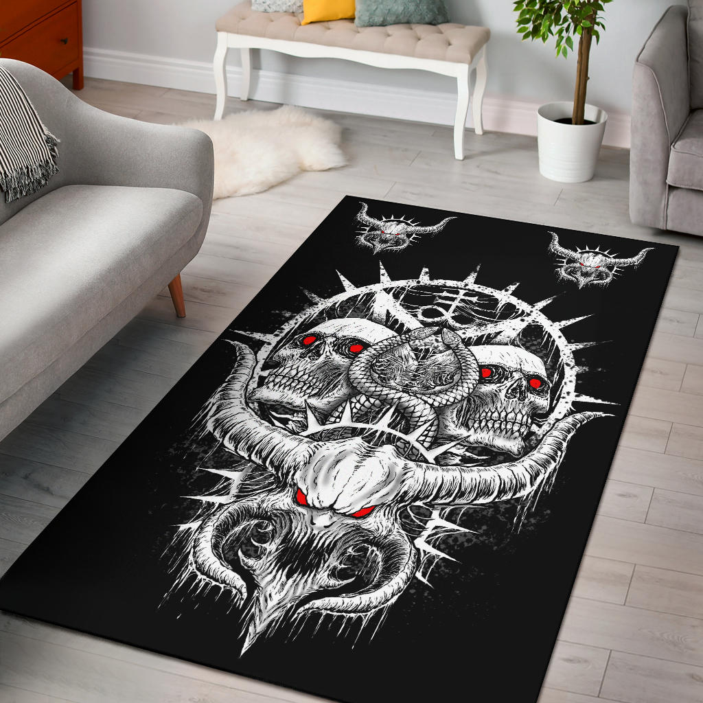 Skull Satanic Demon Serpent Area Rug Black And White Red Eye Version