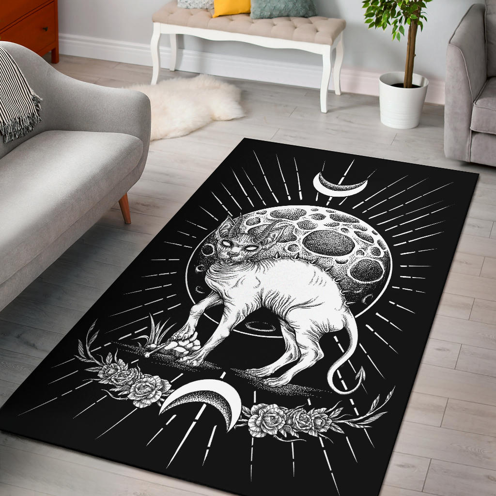 Gothic Occult Black Cat Unique Sphinx Style Area Rug Black And White A ...
