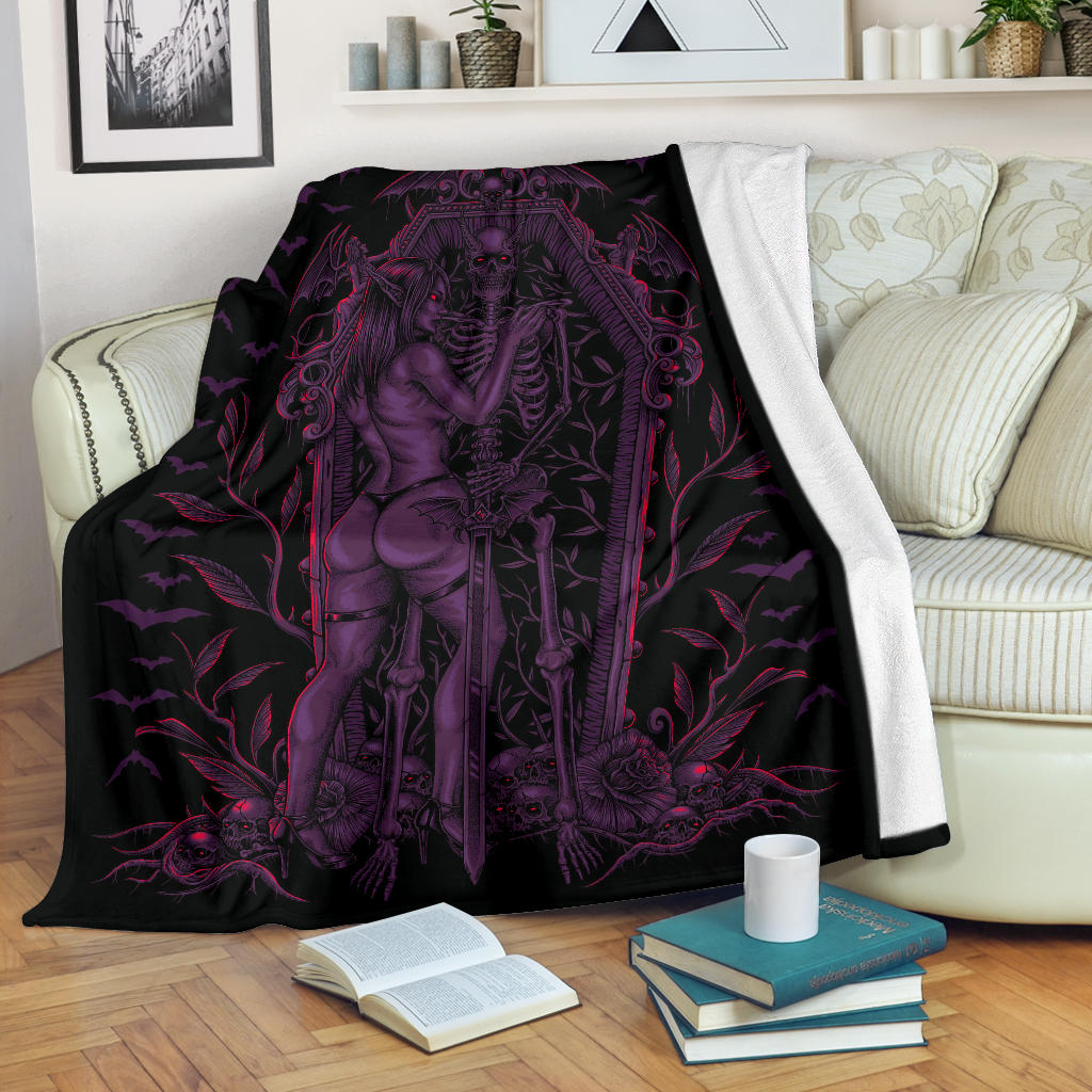 Bat Skull Bat Wing Erotic Demonic Skeleton Coffin Shrine Blanket Awesome Glowing Purple