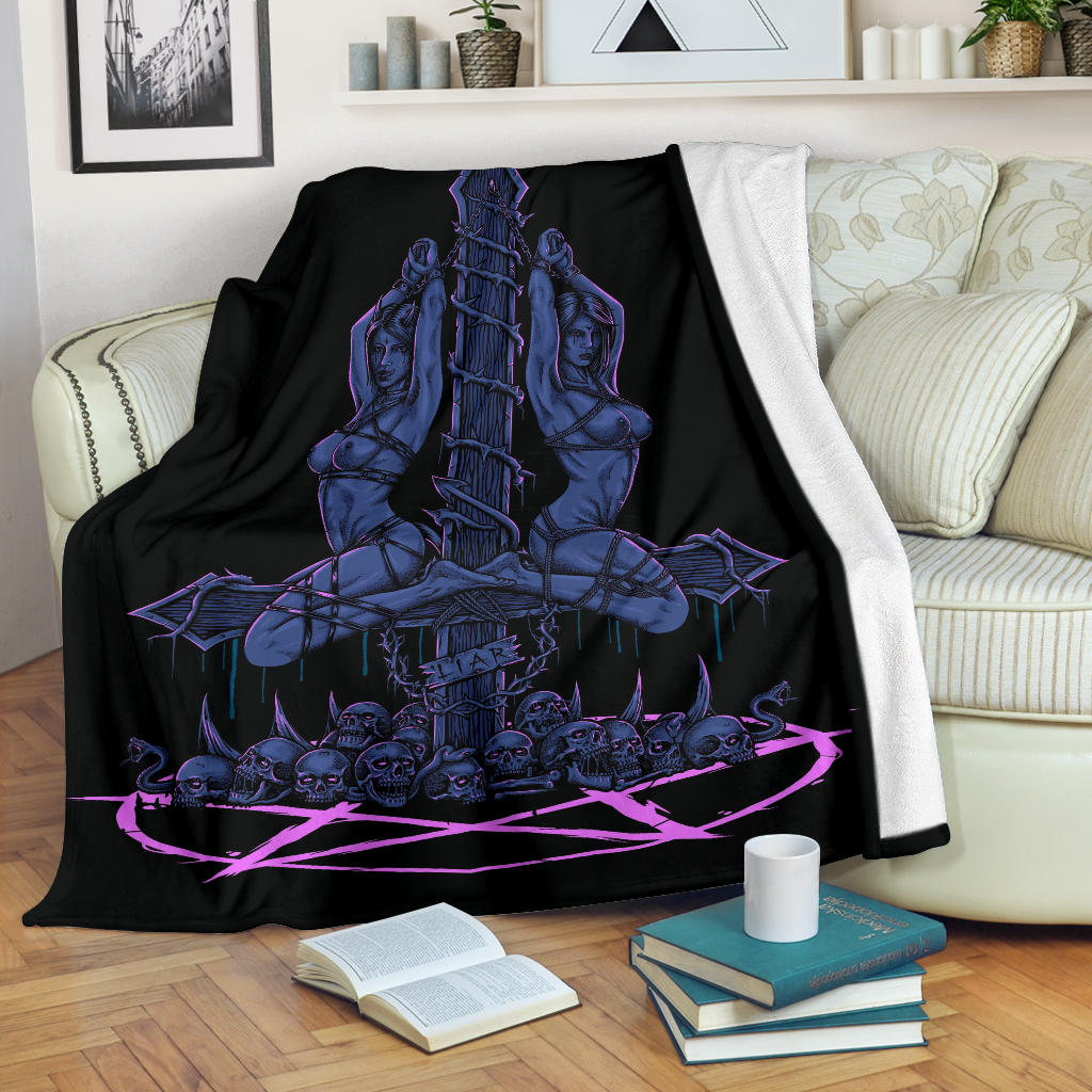 Skull Satanic Pentagram Serpent Inverted Cross Been Caught Lying Part 2 Labeled A Liar Blanket Erotic Blue Pink