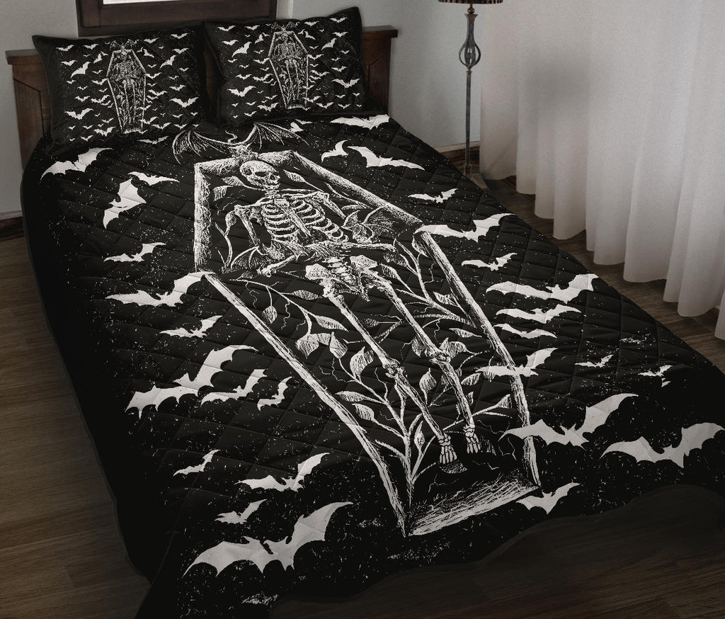 Bat Skull Skeleton Coffin Shrine 3 Piece Quilt Black And White