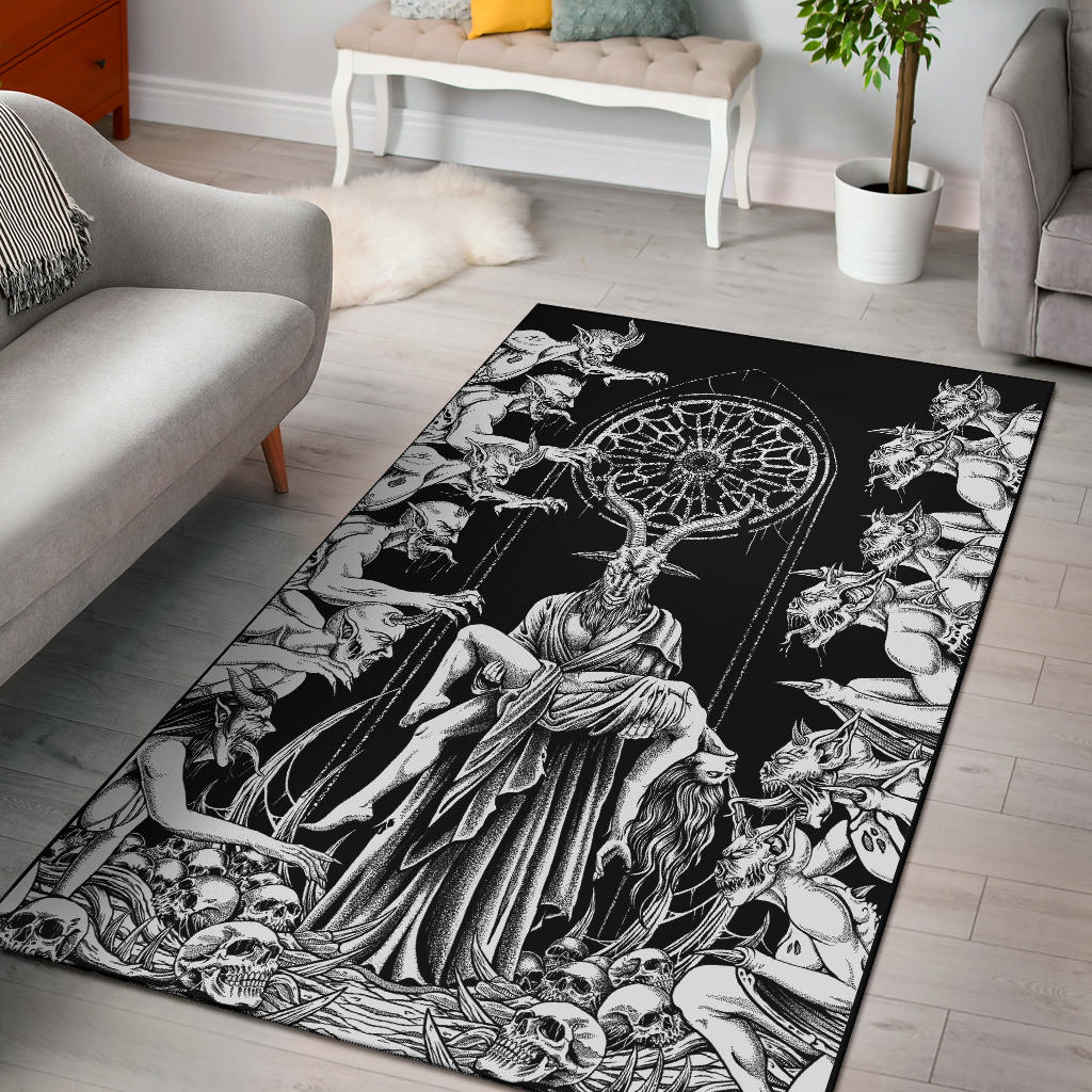 Skull Baphomet Goat Demon Frenzy Area Rug Black And White – blended extreme