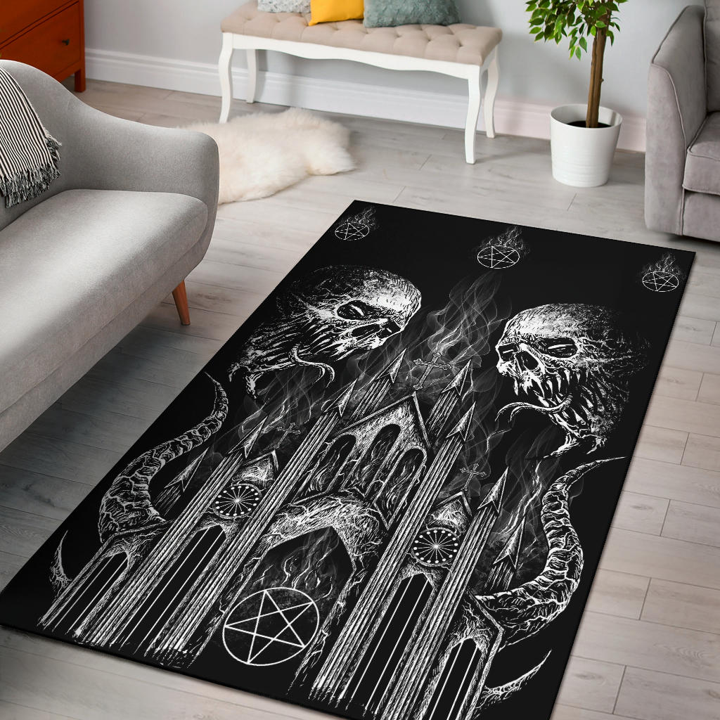 Skull Demon Satanic Pentagram Church Area Rug Black And White