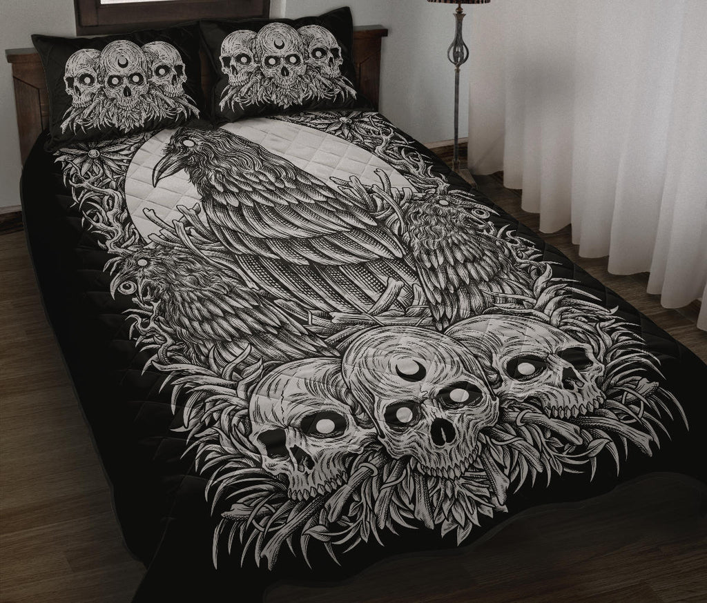 Skull Gothic Occult Crow Quilt 3 Piece Bed Set Black And White Version