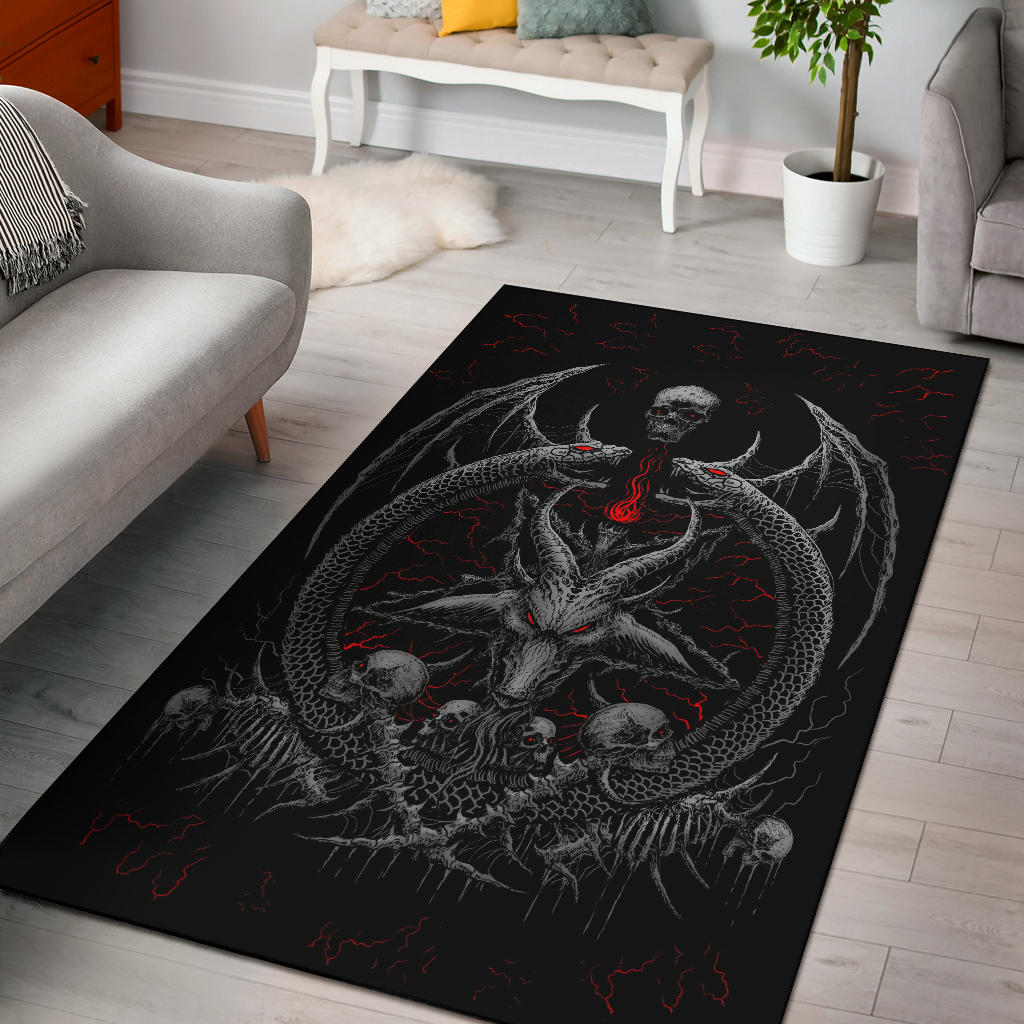 Skull Demon Satanic Goat Satanic Pentagram Serpent Area Rug Silver Red