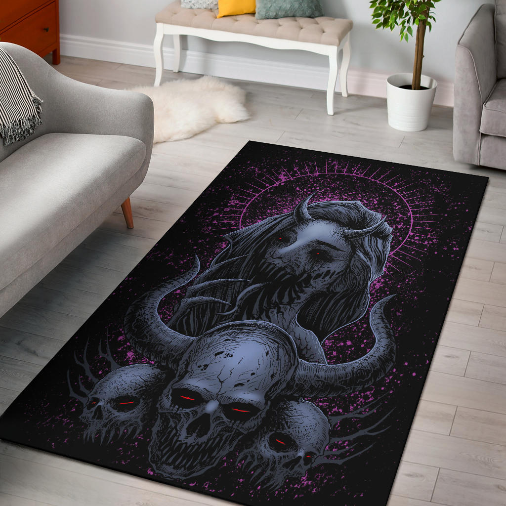 Monster Horned Skull Horned Demon Woman Area Rug Night Blue Pink