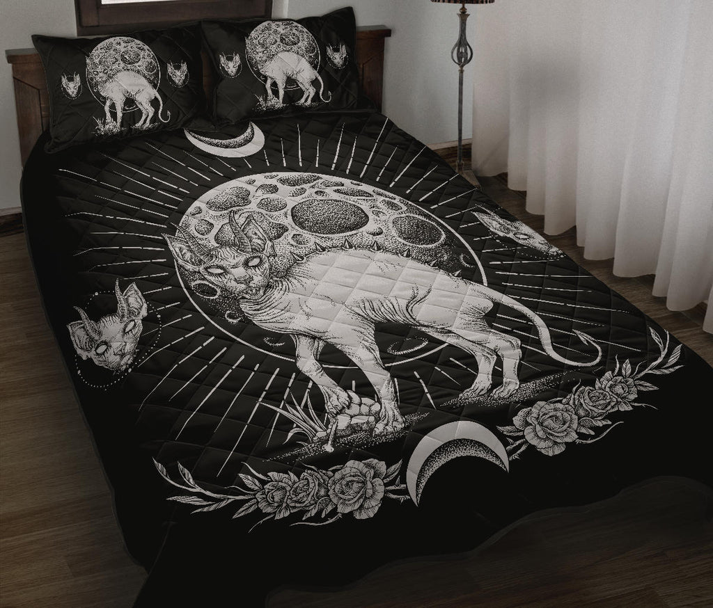 Gothic Occult Black Cat Unique Sphinx Style 3 Piece Quilt Set Black And White Awesome Full Cat Demonic White Eye Full Moon